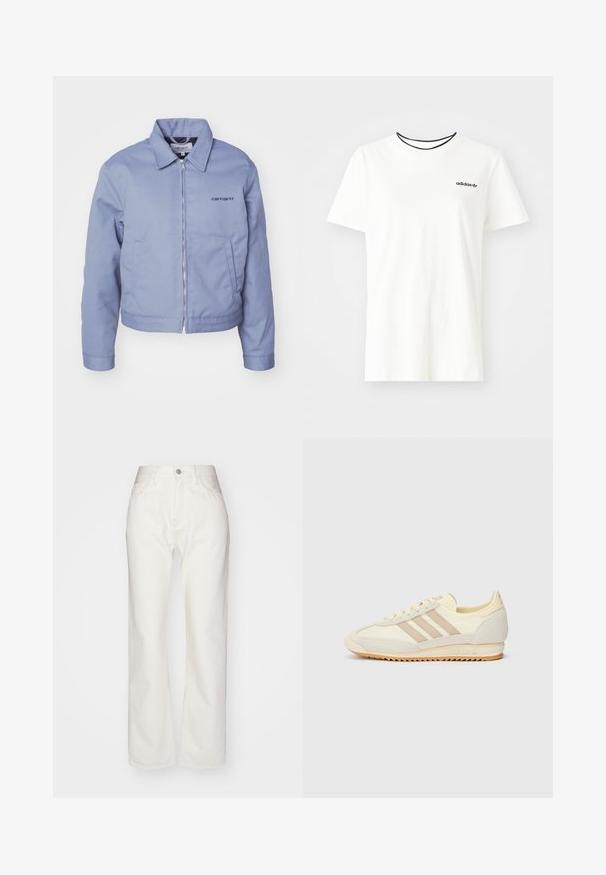 Carhartt WIP MODULE SCRIPT JACKET - Leichte Jacke - dove grey/black rigid; Weißes Baumwoll-T-Shirt mit kurzen Ärmeln und rundem Halsausschnitt. Mit einem schwarzen Adidas-Logo auf der Brust und einem kontrastierenden schwarzen Innenkragen.; Weiße Denim-Hosen mit hoher Taille und weit geschnittenem Bein. Mit einem Knopf- und Reißverschluss, Gürtelschlaufen und dezenten Nähten.; Cremefarbene sportliche Sneakers mit drei beigen Streifen, aus Wildleder und Textilmaterialien, einer strukturierten Sohle und geprägtem Branding an der Ferse.