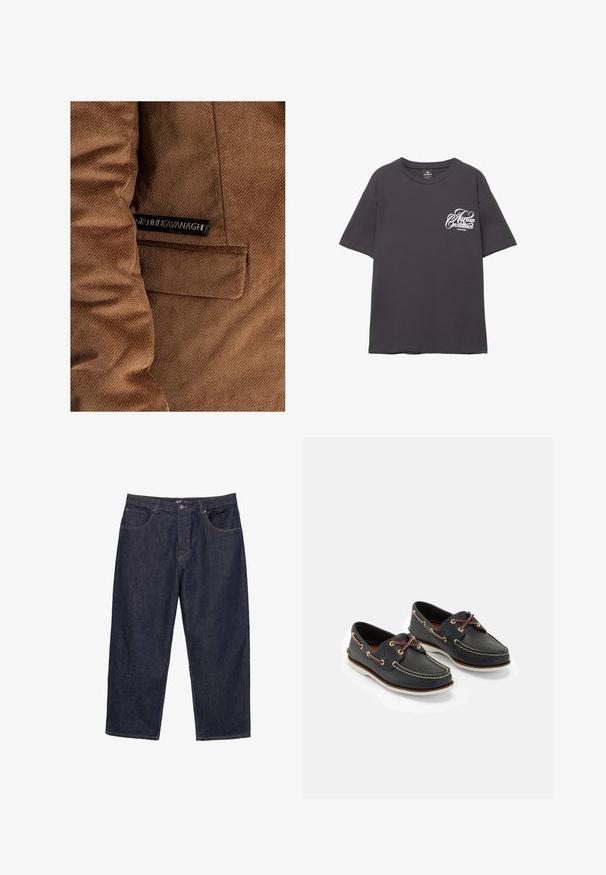 Braune Cordjacke mit einer linken Seitentasche und einem Etikett mit "Gráinne Kavanagh" in Schwarz, sichtbare Nähte im gesamten Design.; Graues Baumwoll-T-Shirt mit kurzen Ärmeln, Rundhalsausschnitt und weißem Drucktext auf der linken Brust. Weiche Textur und lockere Passform.; Dunkelblaue, gerade geschnittene Jeans aus Denim mit Knopf- und Reißverschluss vorne sowie fünf Taschen, vor einem weißen Hintergrund präsentiert.; Marineblaue Lederbootsschuhe mit gelbem Nähen, roten Schnürsenkeln und silbernen Ösen; runde Zehenform; weiße Gummisohle.