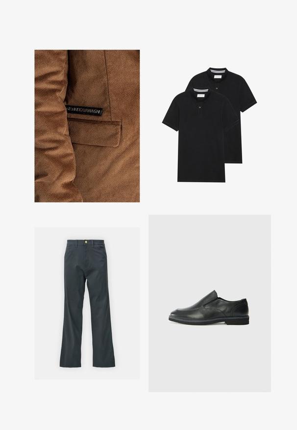 Ruskohvihta ruskea, jossa on vasemmalla puolella tasku ja etiketti, jossa on mustalla "Gráinne Kavanagh", näkyvät ompeluseikat kauttaaltaan.; Kaksi mustaa lyhythihaista poolopaitaa, puuvillamateriaalia, joissa on klassinen kaulus, kahden napin napitus ja valkoiset raidat kauluksen sisällä.; Mustat housut suoran lahkeen leikkauksella, valmistettu puuvillasekoitekankaasta. Varustettu metallinappikiinnityksellä ja sivutaskuilla. Ei näkyviä kuvioita.; Musta nahkainen liukujalkine, jossa on sileä pinta, ommeltuja yksityiskohtia, pyöristetty kärki ja matala kumipohja. Pohjassa on minimaalinen pito.