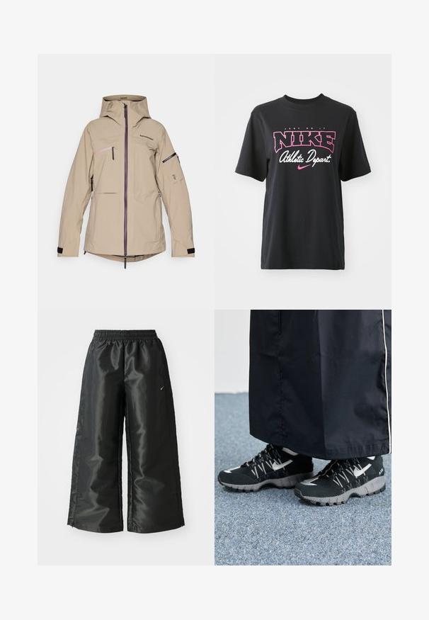 Peak Performance ALPINE GORE-TEX JACKET - Giacca da snowboard - avid beige; T-shirt in cotone nero con stampa grafica in rosa e bianco con il testo "JUST DO IT", "NIKE" e "Athletic Depart." Vestibilità standard.; Pantaloni sportivi neri con un tessuto lucido e morbido, dotati di una vita elasticizzata, gambe larghe e un piccolo logo sul lato sinistro.; Scarpe sportive nere con tomaia testurizzata, dettagli argentati e suola con motivo, abbinate a un lungo indumento nero. Ambientate su un tappeto blu.