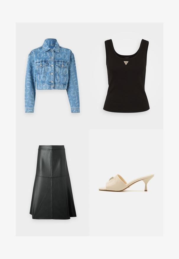 Gekürzte Jeansjacke in Hellblau mit zwei vorderen Brusttaschen, silbernen Knöpfen und einem wiederholten Muster aus Buchstaben und Symbolen in einem verwischten Druck.; Schwarzes Rippentop mit Rundhalsausschnitt und einem kleinen dreieckigen Logo in silberfarbenen Akzenten auf der Vorderseite. Enganliegendes Design ohne Ärmel.; Schwarzer Leder-A-Linie-Rock, glatte Textur, midi-länge, mit horizontalen Nähten am Bund und den Nähten für zusätzliche Struktur.; Beige Lackleder Sandale mit offener Spitze und niedrigem Stiletto-Absatz. Verfügt über ein zentrales dekoratives Element im Obermaterial. Glatte, glänzende Oberfläche.