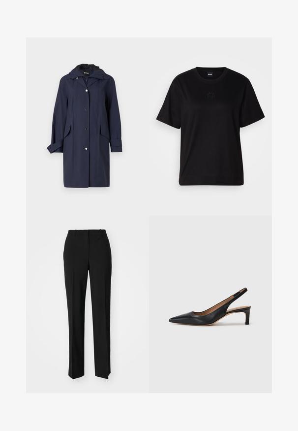 Ναυτικό αδιάβροχο με κουκούλα, κλείσιμο με κουμπιά, πλαϊνές τσέπες και λεία υφή. Διαθέτει κομψό, χαλαρό σχέδιο με ρυθμιζόμενους μηρούς.; Μαύρο βαμβακερό μπλουζάκι με στρογγυλή λαιμόκοψη, κοντά μανίκια και κεντημένο λογότυπο στο στήθος. Απλή, χαλαρή γραμμή χωρίς σχέδια.; Μαύρο παντελόνι με ραφή που έχει σχεδιασμό ίσιας γραμμής, διαθέτει λεία υφή και καθαρές πτυχώσεις κατά μήκος της μπροστινής πλευράς. Χωρίς ορατό μεταλλικό υλικό.; Μαύρο δερμάτινο παπούτσι slingback με μυτερή μύτη, χαμηλό τακούνι και ομαλή υφή. Διαθέτει λεπτό ρυθμιζόμενο λουράκι για ασφαλή εφαρμογή.