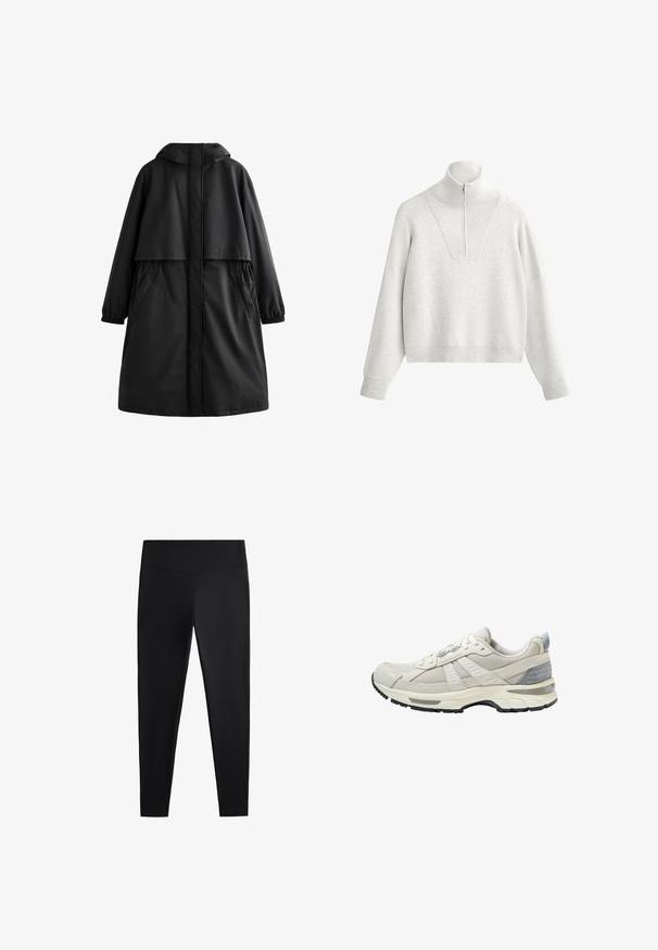 Črn nepremočljiv plašč s kapuco, dolgimi rokavi, elastičnimi manšeti, stranskimi žepi in ohlapnim krojem. Gladka tekstura z minimalnim dizajnom.; Svetlo siva majica s visokim ovratnikom, koja sadrži polu-zip i rebrastu teksturu. Kutni kroj s spuštenim ramenima i strukturiranim dizajnom.; Črne legice iz gladkega, raztegljivega blaga. Imajo širok pas in zožen dizajn nog, primeren za aktivno ali vsakodnevno nošenje.; Bež atletski čevelj z zgornjim delom iz teksturirane mrežice in gladkimi poudarki. Ima oblazinjen podplat, ojačan prstni del in črni gumijasti podplat.