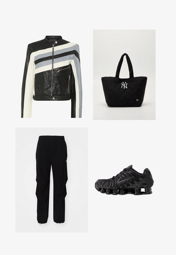 Jachetă din piele cu dungi diagonale negre, albe și bleu deschis, cu fermoar la față și două buzunare laterale cu fermoar. Textură netedă, design ajustat.; Top sportiv negru cu mânecă lungă, cu fermoar la jumătate, guler, logo reflectorizant Nike și cusături plate pentru confort și o ajustare strânsă.; Pantaloni negri de exterior, confecționați dintr-un material durabil, cu o croială relaxată, talie elastică și manșete strânse pentru lungime ajustabilă.; Pantofii sport negri cu partea superioară din plasă și suprapuneri lucioase. Caracteristici de amortizare cu bobine curbate și linii texturate pe lateral. Logo-ul Nike este vizibil.; Geantă tote quilted neagră cu mânere duble, având un logo alb al echipei New York Yankees și un mic emblemă a brandului pe lateral.