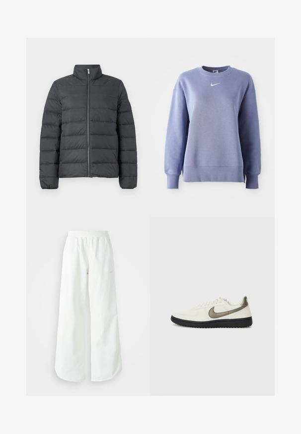 Puhasta jakna v temno sivi barvi, ki ima visok ovratnik, popoln zadrgo spredaj in horizontalno šivano zasnovo za dodatno toplotno izolacijo in teksturo.; Svetlo vijoličast pulover s krojnim ovratnikom, izdelan iz mehkega materiala; ima rebraste manšete in spodnji del ter majhen bel Nike logotip na prsih.; Bela športna hlače širokega kroja z rebrastim pasom in diskretno logotipno podrobnostjo. Gladek material z sproščenim krojem in zoženim robom.; Nike Sportswear FIELD GENERAL - Športni copati - off-white/black