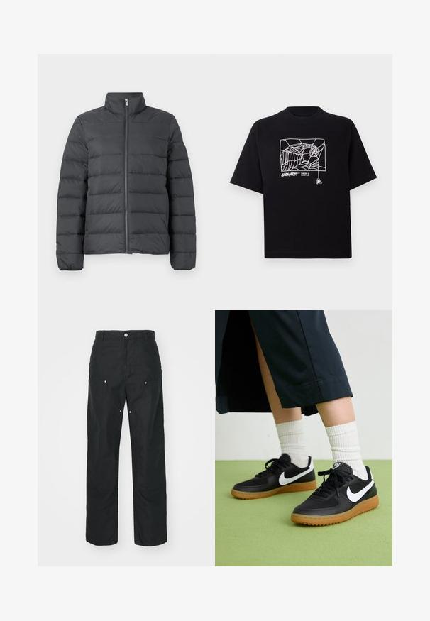 Pufová bunda v tmavošedej farbe, s vysokým golierom, plným zipsom vpredu a horizontálnym prešívaním pre zvýšenú izoláciu a textúru.; Čierne tričko z bavlny s krátkymi rukávmi. Na prednej strane má biely grafický motív pavučiny a logo. Jednoduchý zaoblený výstrih.; Čierne nohavice so strihom rovného nohavicu, vyrobené z textúrovanej tkaniny. Obsahujú dekoratívne strieborné kovanie a jedinečné detaily švov.; Čierne kožené a syntetické tenisky so bielym logom Nike, gumenou podrážkou, okrúhlou špičkou a čiernymi šnúrkami. Viditeľné biele pruhované ponožky.