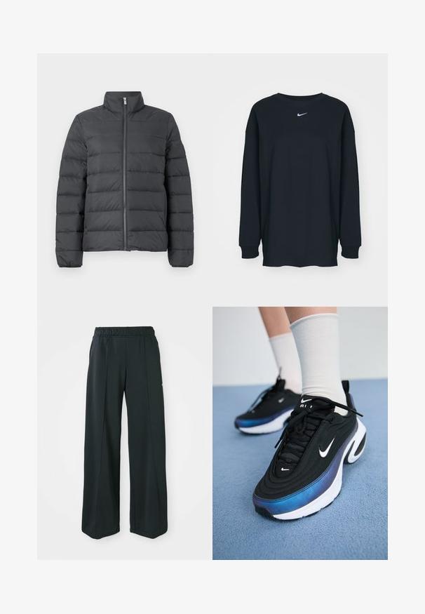 Kurtka puchowa w ciemnoszarym kolorze, z wysokim kołnierzem, pełnym zamkiem z przodu oraz poziomym przeszyciem, które zapewnia lepszą izolację i teksturę.; Czarna, długosleeve'owa koszulka z bawełny z okrągłym dekoltem. Posiada białe logo Nike na piersi. Miękka faktura, prosty design.; Czarne, szerokie spodnie sportowe z elastycznym pasem. Wykonane z gładkiego, rozciągliwego materiału, z delikatnymi szwami z przodu i bez kieszeni.; Czarne sneakersy Nike z gładką tkaniną wierzchnią, wyróżniające się gradientowym wzorem od niebieskiego do czarnego, białą podeszwą i wyraźnymi logo.