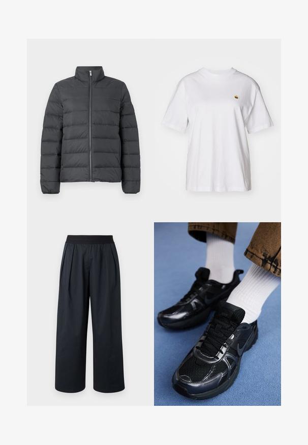 Giacca trapuntata grigio scuro, con colletto alto, zip frontale completa e design a cuciture orizzontali per un'ulteriore isolamento e texture.; Maglietta in cotone bianco con vestibilità rilassata, maniche corte e un piccolo logo ricamato sul lato sinistro del petto.; Pantaloni neri a gamba larga con pieghe sulla parte anteriore, vita elastica e tessuto dal tocco morbido. Presentano una vestibilità ampia e lunghezza corta.; Le scarpe da sport nere Nike presentano una tomaia in rete con dettagli lucidi, lacci neri e una suola texture. Abbinate a calzini bianchi a coste.