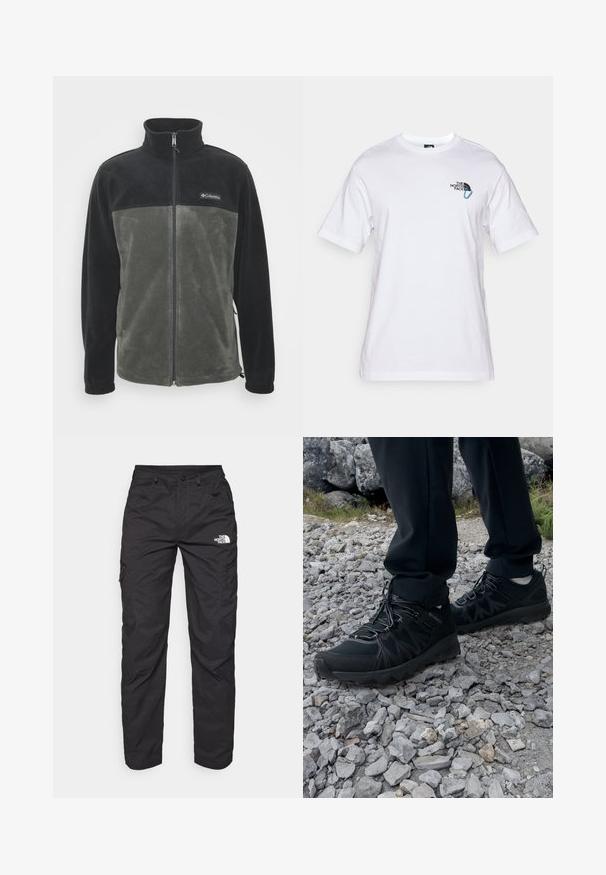 Fleecejakke med svart overdel og olivengrønn underdel. Har hel glidelås og ståkrage. Myk tekstur.; The North Face EXPLORE CARABINER RELAXED TEE UNISEX - T-shirts med print - white; Sorte cargo bukser laget av lett stoff. Har glidelåslommer på siden og et logo på venstre lår. Rett ben-design.; Sorte utendørssko i svart med mesh og syntetisk materiale, med en teksturert overdel, sikret snøresystem og en robust såle, på steinete terreng.