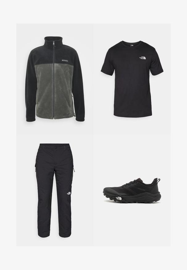 Jachetă din fleece cu o secțiune superioară neagră și o secțiune inferioară verde măsliniu. Dispune de un fermoar pe toată lungimea și un guler înalt. Textură moale.; Tricou scurt din bumbac, de culoare neagră, cu guler rotund și un mic logo alb în partea de sus a pieptului stâng.; The North Face WINTER EXPLORATION TAPERED CARGO  - Pantaloni outdoor - black; Pantofii de alergare pe teren accidentat, de culoare neagră, cu un superior texturat, talpă din cauciuc și vârf întărit. Prezintă un guler căptușit și o bandă de prindere pentru îmbrăcare ușoară.