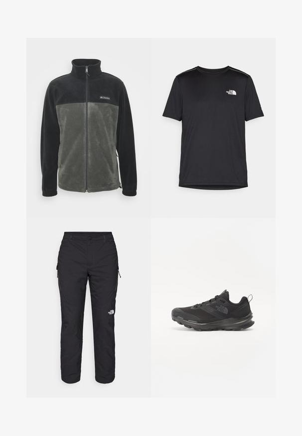 Fliisjakker, millel on must ülemine osa ja oliivroheline alumine osa. Omab täispikka tõmblukku ja püsti kraed. Pehme tekstuur.; Must mustaöödiga must T-särk, mis on valmistatud kerge riidekanga. Esiküljel on vasakul rinnal väike valge logo ning õlgadel on peened aktsendid.; The North Face WINTER EXPLORATION TAPERED CARGO  - Õuepüksid - black; Must use õhku läbilaskvat võrku ülemise ja kummist välispõhjaga mustad atleetijalatsid, millel on polsterdatud kaelus. Omab nööre, logo küljel ja tekstuurset disaini.