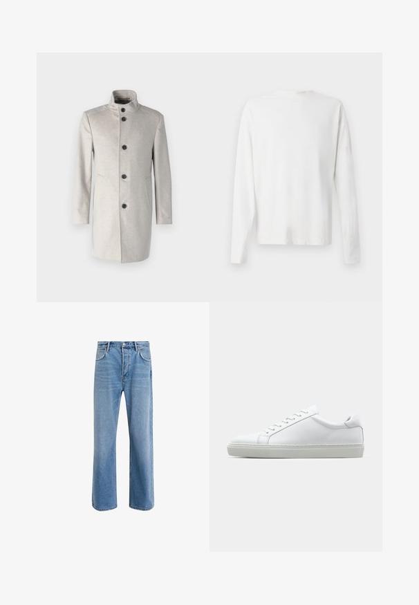 Abrigo gris claro con cuello alto, que presenta cinco botones negros, bolsillos laterales y un diseño recto en una tela suave.; Camisa de algodón blanca de manga larga con cuello redondo, aberturas laterales en la parte inferior y una textura suave, exhibida desde la parte de atrás.; Jeans de mezclilla azul claro con un diseño de pierna recta, cinco bolsillos, cierre de botón, ligeramente desgastados y detalles de costura en contraste.; Zapatilla blanca con parte superior de cuero liso y perfil bajo. Presenta una puntera redondeada, seis ojales y una suela de goma texturizada.