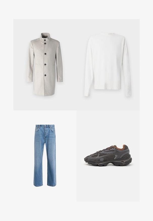 Palton gri deschis cu guler înalt, având cinci butoane negre, buzunare laterale și un design drept dintr-un material moale.; Cămașă albă din bumbac cu mâneci lungi, decolteu rotund, fante pe laterale la baza, cu o textură netedă, expusă din spate.; Jeans din denim bleu deschis cu un design drept, cinci buzunare, închidere cu buton, decolorare minimă și detalii de cusătură în contrast.; Adidași Lacoste de culoare gri închis, din material mesh și sintetic, cu o talpă texturată și accente maronii pe guler și branding.