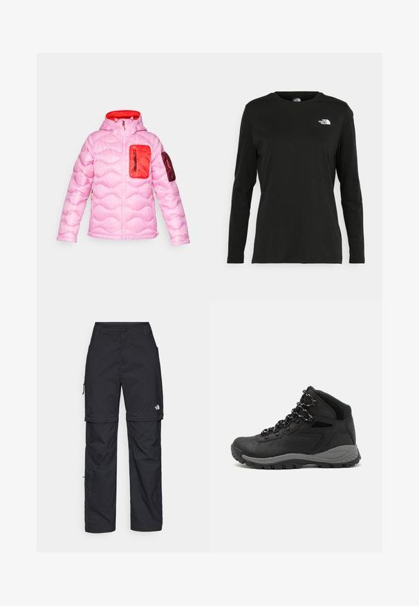 Jachetă puf în roz deschis cu glugă, având un design texturat cusut, o buzunare roșie pe piept și un buzunar maro pe mânecă stângă.; Iarna neagră cu mânecă lungă, din bumbac, cu guler rotund. Prezintă un mic logo alb în zona pieptului stâng. Design simplu și croi lejer.; Pantaloni cargo din nylon negru, cu fermoar detașabil, manșete ajustabile, multiple buzunare și un logo pe piciorul drept. Textură netedă și ușoară.; Botă de drumeție neagră cu un design mediu, având un material texturat, accente gri și o talpă din cauciuc durabilă cu crampoane pentru aderență.