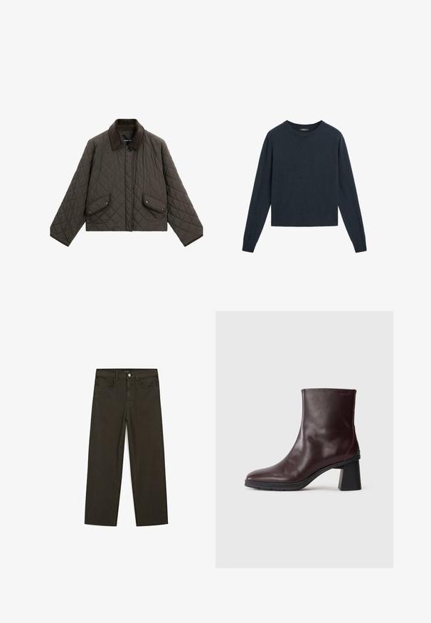 Gequilte, donkergroene jas met een corduroy kraag, voorzien van twee voorzakken met drukknoopsluitingen en een boxy silhouet.; Donkerblauwe trui van zacht gebreid materiaal, met een ronde hals, lange mouwen en een cropped ontwerp met geribde boorden en zoom.; Donkergroene wijde jeans van een katoenmix, met een sluiting met een voorste knop, vijf zakken en klassieke denimstiksels.; Donkerbruin leren enkellaarsje met een blokhak en ronde neus, weergegeven op een effen lichtgrijze achtergrond.