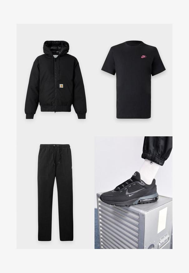 Zwarte Carhartt hoodie met rits aan de voorkant, kangoeroezak, geribde manchetten en logopatch op de zak.; Zwarte katoenen T-shirt met een ronde halslijn en korte mouwen. Bevat een roze Nike-logo aan de bovenkant aan de linkerzijde. Glad textuur.; Zwarte sweatpants van fleece, met een elastische tailleband met trekkoorden, twee voorzakken en een klein logo op de dij.; Nike Sportswear PULSE - Sneakers laag - black/anthracite