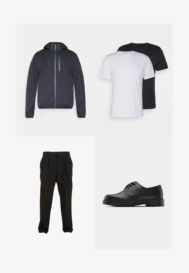 Mustkas kapuutsiga jakk, millel on litsumiste esikülg, küljetaskud ja elastne vöökoht. Omab vastandlikke oranže aktsente ja sileda tekstuuri.; Kaks puuvillast T-särki, valge ja must, lühikeste varrukatega ning ümara kaelusega, rinnal on väike logo, sile tekstuur.; Mustad püksid siledast kangast, esikreppidega, nööbivöökoht ja kitsenevad pahkluud. Klassikaline peenelt lõigatud siluett.; Mustad musta nahast oksfordi king, millel on paeltega disain, ümar nina, lame kummist tallal ja diskreetne õmblemise detail ülemise osa ääres.