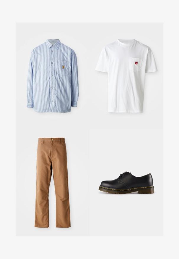Randig skjorta i ljusblått och vitt med röda detaljer. Har en bröstficka och långa ärmar. Tillverkad av ett slätt tyg.; Vit bomullströja med rund halsringning och korta ärmar. Har en liten röd hjärtlogga på vänstra bröstfickan.; Bruna raka byxor med bälteshällor, framfickor, knappknäppning och dragkedja på en vit bakgrund.; Svart lädersko med rund tå, snörningsdesign, gula stygn längs sulan och en kraftig, texturerad gummisula.