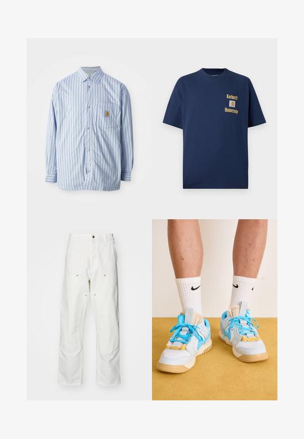 Striped button-up shirt in light blue and white with red accents. Features a chest pocket and long sleeves. Made from a smooth fabric.; Navy blue cotton t-shirt with short sleeves, featuring gold text "Carhartt University" and a logo patch on the left chest.; White cotton cargo pants with a relaxed fit. Features include front pockets, gold hardware accents, and reinforced knee sections.; Light blue sneakers with tan soles, featuring prominent turquoise laces and yellow accents. Textured materials and visible air cushioning.