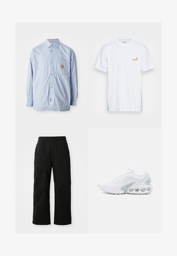 Randig skjorta i ljusblått och vitt med röda detaljer. Har en bröstficka och långa ärmar. Tillverkad av ett slätt tyg.; Vit bomullströja med korta ärmar. Designad med en liten orange och vinröd logotyp på vänster bröst. Har en klassisk rund halsringning.; Svarta bomullsbukser med elastisk midjeband, bred ben-design och stora sidofickor. Tyget verkar mjukt med en slät textur.; Vit nät-sneaker med grå accenter, rund tå och synlig dämpad sula med cirkulära luftfickor och varumärkesdetalj.