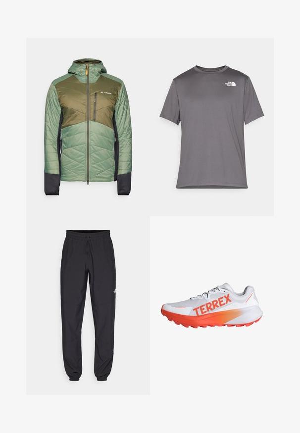 Vaude SESVENNA JACKET IV - Casaco para exterior - agave; T-shirt atlético cinza de manga curta, feito de um tecido suave e leve. Apresenta um logo branco na área do peito esquerdo. Design de gola redonda.; Calças atléticas pretas feitas de tecido leve, com um cós ajustável por cordão, bolsos laterais e punhos afunilados nos tornozelos.; Ténis atlético branco com marcação laranja proeminente "TERREX". Apresenta parte superior texturizada, design leve e sola de borracha com saliências para tração.