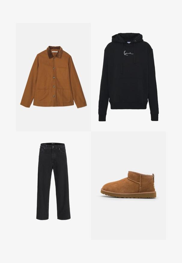 Giacca in misto lana marrone con colletto in corduroy, bottoni frontali e due grandi tasche. Presenta una vestibilità dritta e maniche lunghe.; Felpa nera con cappuccio in tessuto morbido, dotata di una tasca frontale, lacci e ricamo del logo bianco sul petto. Design classico e polsini a coste.; Jeans in denim nero a gamba dritta con chiusura a bottone e zip, passanti per cintura e tasche anteriori e posteriori.; Stivaletto in camoscio color tan con punta rotonda, dettagli di cucitura discreti e suola in gomma texture. Altezza ridotta senza lacci.