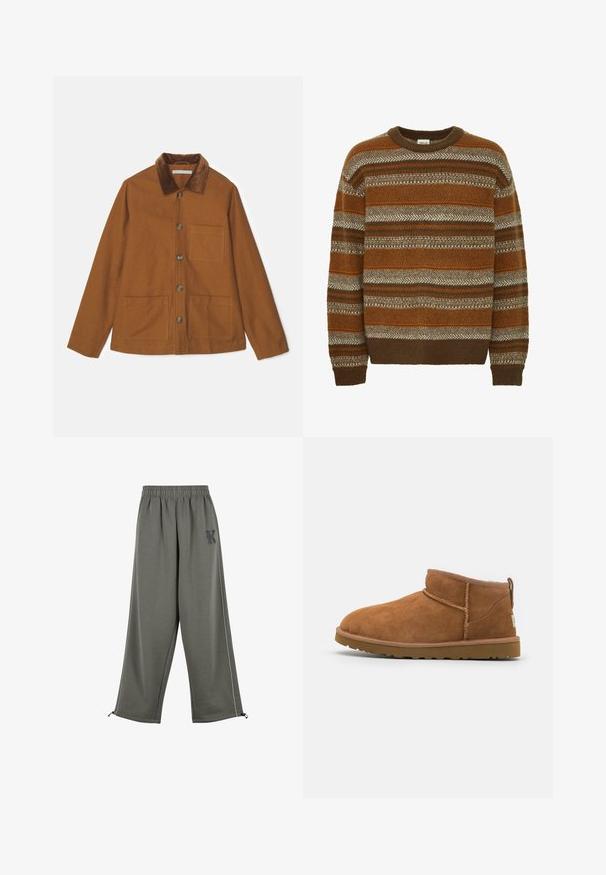 Smeđa jakna od vune s mješavinom pamučnog materijala, s ovratnikom od kordura, prednjim gumbima i dva velika džepa. Ima ravni kroj i duge rukave.; Solid SDMAXWELL - Vesta - slate black; Karl Kani KK OS SIDESTRIPE - Hlače - grey; Tamnasti antilop čizme do gležnja s zaobljenim vrhom, suptilnim detaljima šivanja i teksturiranom gumom potplatom. Niska visina bez pertli.