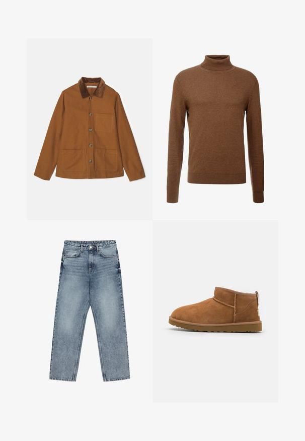 Bruine wolmix jas met een corduroy kraag, knopen aan de voorkant en twee grote zakken. Heeft een rechte snit en lange mouwen.; Bruine coltrui gemaakt van zachte stof, met lange mouwen, geribde boorden en een smal ontwerp zonder zichtbare patronen.; Lichtblauwe denim jeans met een rechte pijp, zichtbare stiksels, vijf zakken en een knoopsluiting in de taille.; Tan suède enkellaars met een ronde neus, subtiele stiksels en een gestructureerde rubberen zool. Korte hoogte zonder veters.