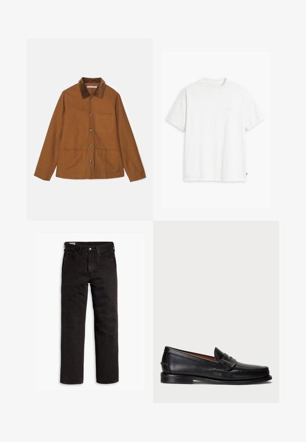Rjav jakna iz mešanice volne s korduroj ovratnikom, sprednjimi gumbi in dvema velikima žepoma. Ima ravno krojenje in dolge rokave.; Bela bombažna majica s kratkimi rokavi, okroglim ovratnikom in subtilnim logotipom Levi's, natisnjenim na sredini. Mehak material in standardna oblika.; Črne kavbojke ravnega kroja z žepi, gumbnim zapiranjem in zankami za pas, ležijo položene na belem ozadju.; Črne usnjene loafers čevlje z zaobljenim prstom, šivanimi detajli in okrasnim trakcem spredaj. Ravna podplat z minimalnim profilom.