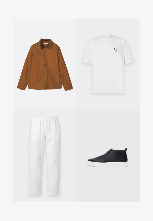 Casaco de mistura de lã castanho com colarinho de veludo, botões à frente e dois bolsos grandes. Apresenta um corte reto e mangas longas.; Camisa de algodão branca com um corte relaxado, apresentando um pequeno logótipo gráfico preto na área do peito esquerdo. Mangas curtas, estilo de gola redonda.; Calças de linho branco com cintura elástica, corte reto e textura suave, sem padrões visíveis ou detalhes de ferragens.; Sapatilhas altas de couro preto com um acabamento suave, sola de borracha branca e um design simples de atacadores. Apresenta uma alça na parte de trás.