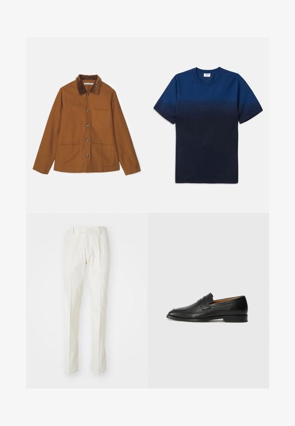 Brown wool blend jacket with a corduroy collar, front buttons, and two large pockets. Features a straight cut and long sleeves.; Navy blue cotton t-shirt with a round neck, short sleeves, and a subtle gradient design transitioning from lighter to darker shades.; White trousers made of cotton, featuring a straight-leg design, flat front, and no visible patterns or hardware. Smooth texture.; Black leather loafer with a rounded toe, subtle stitched detailing, and a low heel, featuring a smooth texture and minimalist design.