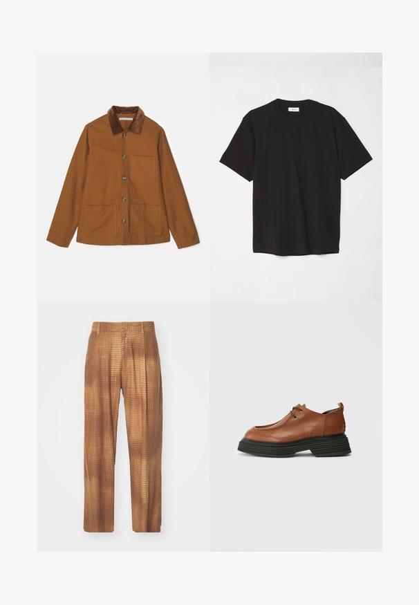 Brown wool blend jacket with a corduroy collar, front buttons, and two large pockets. Features a straight cut and long sleeves.; Black cotton t-shirt with a crew neck, short sleeves, and a relaxed fit. Simple design, smooth texture, and no visible patterns or logos.; Brown patterned trousers with a textured surface, featuring a loose fit and straight legs. The fabric has a subtle grid design.; Brown leather shoe with a rounded toe, lace-up design, and a thick black layered sole. Notable for its structured silhouette and texture.