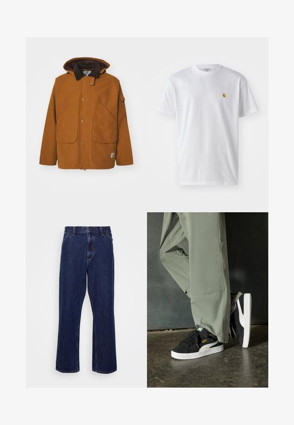 Carhartt WIP CLARTON JACKET - Giacca leggera - hamilton brown/tobacco; T-shirt bianco in cotone con maniche corte, con colletto girocollo, caratterizzato da un piccolo logo dorato sulla parte sinistra del petto. Tessuto morbido e vestibilità regolare.; Jeans in denim blu scuro con un design a gamba dritta, dotati di chiusura con bottone, stile a cinque tasche e dettagli di cucitura sottili.; Sneaker in suede nero con suole in gomma bianca e strisce laterali, abbinate a pantaloni cargo verde chiaro, in piedi su una superficie scura e texture.