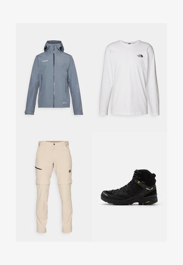 Graue wasserdichte Jacke mit einem Frontreißverschluss, verstellbarem Kapuze und zwei Seitentaschen. Merkmale eine glatte Textur und verstärkte Nähte.; Weißes langärmliges T-Shirt aus Baumwolle mit Rundhalsausschnitt. Verfügt über ein kleines schwarzes Logo auf der Brust. Glatte Textur, reguläre Passform.; Mammut RUNBOLD ZIP OFF PANTS MEN - Outdoor-Hose - savannah; Schwarzer Wanderschuh mit strukturiertem Obermaterial, verstärkter Zehenkappe und Vibram-Sohle. Das Schnürsystem enthält Haken für einen sicheren Sitz.