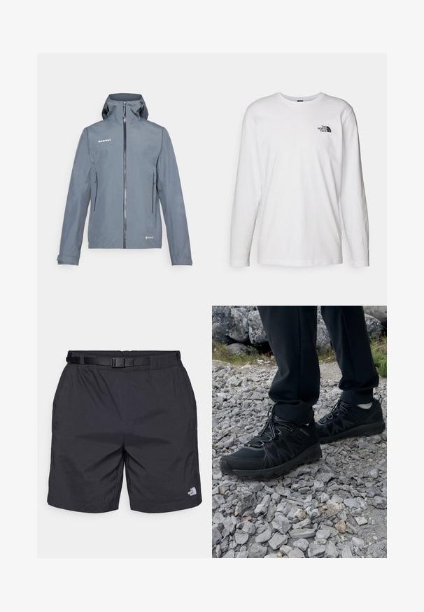 Grey waterproof jacket with a front zipper, adjustable hood, and two side pockets. Features a smooth texture and reinforced seams.; White long-sleeve T-shirt made of cotton with a crew neck. Features a small black logo on the chest. Smooth texture, regular fit.; Black lightweight shorts with a relaxed fit, featuring an adjustable belt, side pockets, and the North Face logo on the lower right leg.; Black outdoor shoes with mesh and synthetic material, featuring a textured upper, secured lacing system, and a rugged outsole, on rocky terrain.