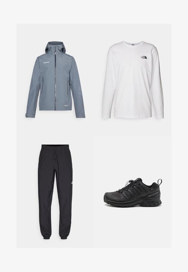 Grey waterproof jacket with a front zipper, adjustable hood, and two side pockets. Features a smooth texture and reinforced seams.; White long-sleeve T-shirt made of cotton with a crew neck. Features a small black logo on the chest. Smooth texture, regular fit.; Black athletic pants made from lightweight fabric, featuring a drawstring waistband, side pockets, and tapered cuffs at the ankles.; Black athletic shoe with a textured synthetic upper, cushioned sole, and a quick-lacing system. Features a reinforced toe and heel.