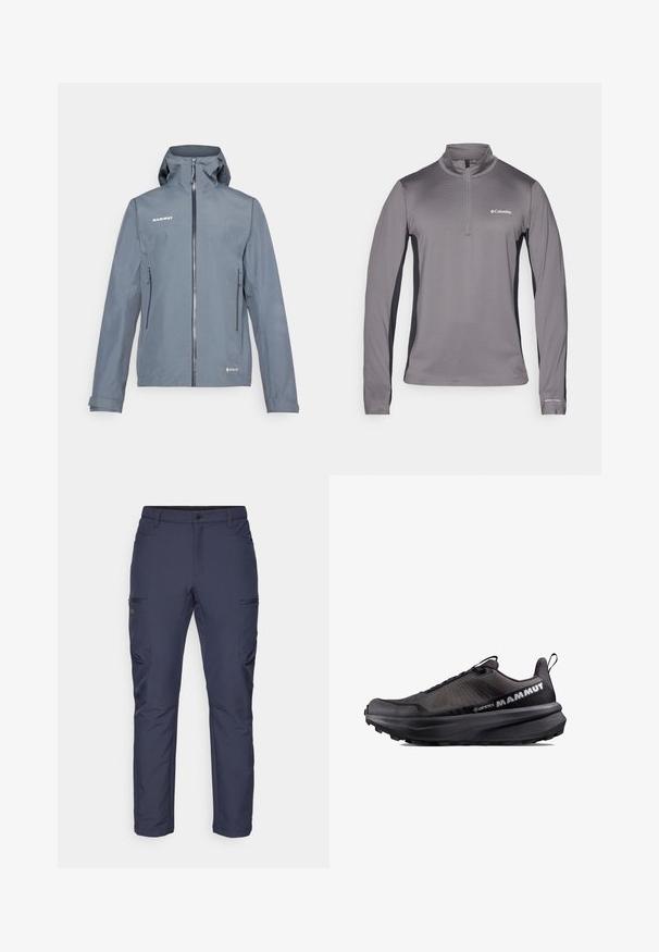 Graue wasserdichte Jacke mit einem Frontreißverschluss, verstellbarem Kapuze und zwei Seitentaschen. Merkmale eine glatte Textur und verstärkte Nähte.; Grauer Pullover mit langen Ärmeln und halber Reißverschluss, strukturierter Stoff, kontrastierende schwarze Seitenteile und kleines Logo auf der Brust.; Maritime Cargo-Hosen aus leichtem Material, mit zwei seitlichen Reißverschlusstaschen, einem standardmäßigen Bund und einem geraden Beinansatz.; Mammut AENERGY MTN LOW GTX - Hikingschuh - iguana black