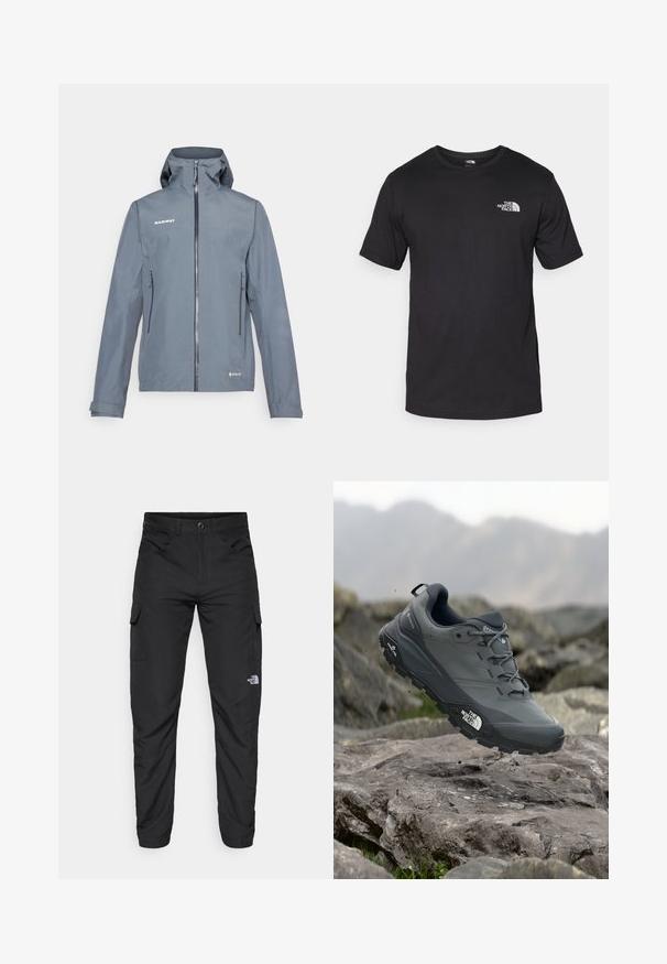 Grey waterproof jacket with a front zipper, adjustable hood, and two side pockets. Features a smooth texture and reinforced seams.; Black short-sleeve t-shirt made of cotton, featuring a round neckline and a small white logo on the upper left chest area.; The North Face HORIZON PANT - Outdoor trousers - black; Grey trail running shoe with a textured upper, durable rubber sole, and reinforced toe cap. Features laces and brand logo on the side.