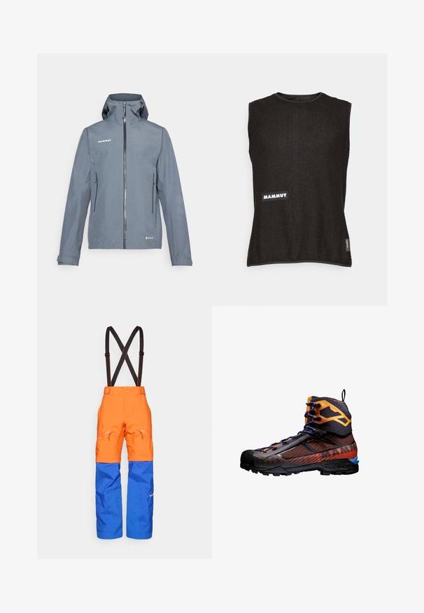 Graue wasserdichte Jacke mit einem Frontreißverschluss, verstellbarem Kapuze und zwei Seitentaschen. Merkmale eine glatte Textur und verstärkte Nähte.; Ärmelloses schwarzes Oberteil aus strukturiertem Material mit einem weißen "Mammut"-Logo und einem kleinen roten Akzent-Tag an der Seite, runder Ausschnitt.; Orange und blaue wasserdichte Hosen mit verstellbaren schwarzen Trägern, vorderen Reißverschlusstaschen und verstärkten Kniefeldern für Outdoor-Aktivitäten.; Schwarze und orange Wanderschuhe aus Mesh- und Gummi-Materialien. Mit blauen Akzenten, strukturierten Mustern und einem hohen Knöcheldesign zur Unterstützung.