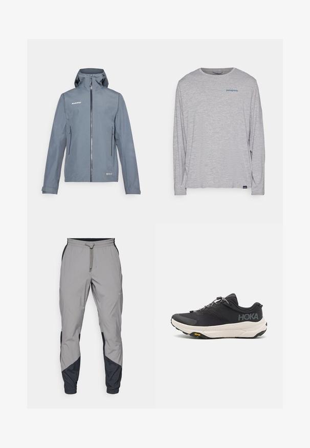 Veste imperméable grise avec une fermeture éclair à l'avant, une capuche ajustable et deux poches latérales. Possède une texture lisse et des coutures renforcées.; T-shirt à manches longues gris clair en tissu doux et texturé. Il présente un col rond et un petit logo Patagonia bleu sur la poitrine.; Pantalons de sport légers, gris, avec des accents noirs. Ceinture élastique, fermeture à cordon, design à jambes fuselées et poches latérales.; Chaussure de sport noire avec un dessus texturé, accents gris, détails réfléchissants et une semelle blanche épaisse arborant la marque Vibram.