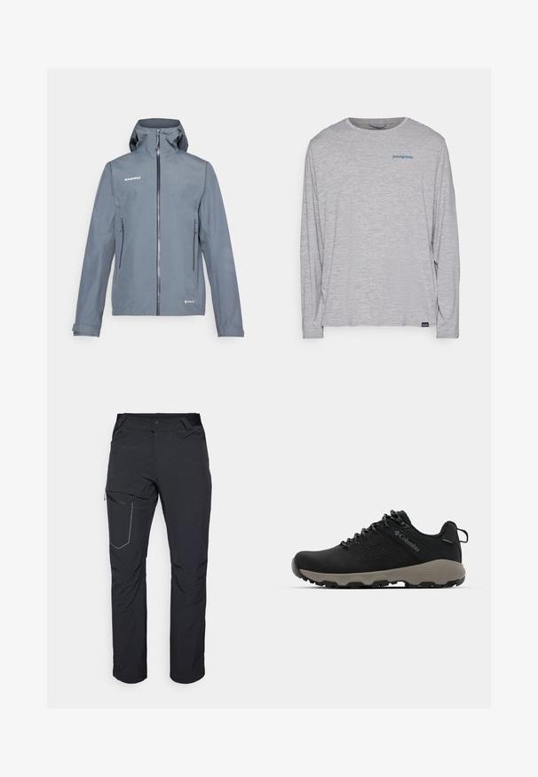 Grå vandtæt jakke med frontlynlås, justerbar hætte og to sidelommer. Har en glat overflade og forstærkede sømme.; Lysegrå langærmet T-shirt lavet af blødt, struktureret stof. Har rund hals og et lille blåt Patagonia-logo på brystet.; Svarte udendørs bukser med en lynlåslomme på låret, elastisk talje og glat, vandafvisende stof. Rent design uden synlige logoer.; Sort vandresko med en glat overdel, perforeret design, grå ydersål og forstærket hæl. Har snørebånd og en træksløjfe for nem påtagning.