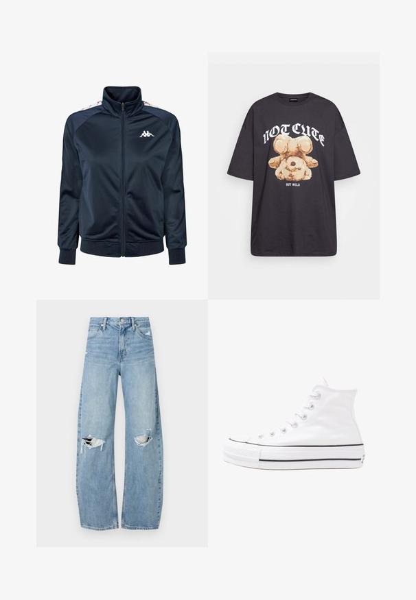 Tamno plava sportska jakna od glatkog materijala s visokim ovratnikom, prednjim zatvaračem i rebrastim manžetama; sadrži logo i uzorčane detalje na ramenima.; Crna oversized majica s grafikom medvjeda i natpisom "NIJE SLATKO, ALI DIVLJE" u podebljanim, bijelim slovima. Pamuk.; Svijetloplave, visoko-strukirane traperice. Imaju široke nogavice, dva razderana područja na koljenima i klasičan stil s pet džepova.; Bijela visoka platnena tenisica s crnom gumenom potplatom, prednjim gumenim zaštitnikom prstiju i šest rupa za vezanje, s čistim, minimalističkim dizajnom.