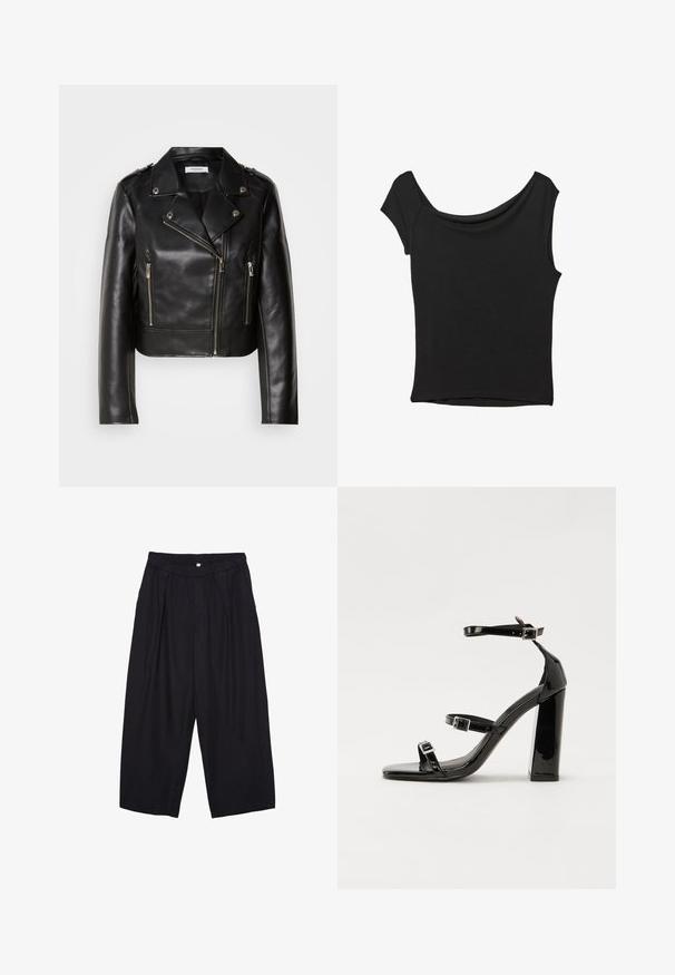 Sorte læder bikerjakke med sølvhardware, asymmetrisk lynlås lukning og to front lynlås lommer. Har brede revers og skulderdetaljer.; Sort kortærmet top lavet af glat stof; har en draperet halsudskæring og en asymmetrisk kant, med en tætsiddende pasform.; Sorte polyester culotte bukser med elastisk talje, to forpiber og en løs silhuet. Ingen synlige mønstre eller hardware detaljer.; Sorte patenterede hælsandaler med firkantet tå, ankelremme og sølvspænder. Har en chunky blokHæl for stabilitet.