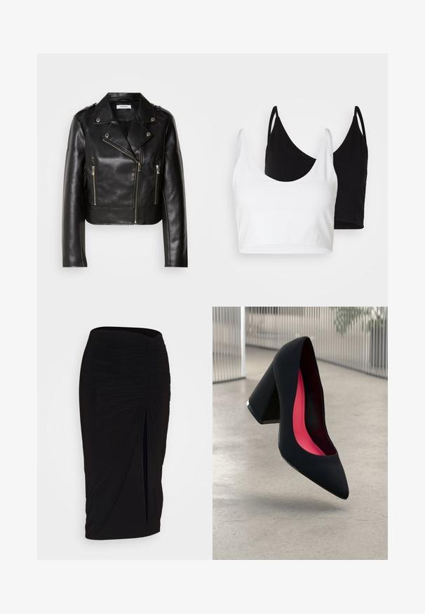 Melnas ādas motocikla jaka ar sudraba detaļām, asimetriska rāvējslēdzēja aizdare un divas priekšējās kabatas ar rāvējslēdzējiem. Iespējas ir platās apkakles un plecu detaļas.; Divi kokvilnas topi baltā un melnā krāsā. Katram ir dziļa kakla izgriezuma forma un plānas plecu siksnas, ar gludu, mīkstu tekstūru.; Melna, ručām veidota zīda svārku ar saišu detaļu un sānu izgriezumu. Izgatavota no elastīga auduma, ar gludu tekstūru un pieguļošu dizainu.; Melna augsta papēža kurpe ar smailu purngalu, teksturētu virsmu un dzīvespriecīgu rozā interjeru. Satur masīlu papēdi ar sudraba akcentu.