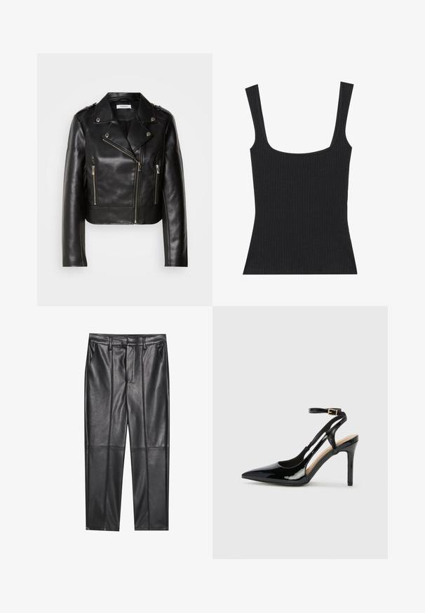 Zwarte leren motorjack met zilverkleurige hardware, asymmetrische ritsluiting en twee frontale ritszakken. Voorzien van brede revers en schouderdetails.; Zwarte geribbelde tanktop met een vierkante halslijn en slanke, verstelbare bandjes. De stof heeft een gestructureerd patroon en een nauwsluitend ontwerp.; Zwarte leren broeken met een gladde textuur, voorzien van een rechte pasvorm, twee voorzakken en zichtbare naaddetail.; Zwarte lakleren hoge hak slingback schoenen met spitse neus, verstelbare enkelband en open zijkanten. Gladde textuur.