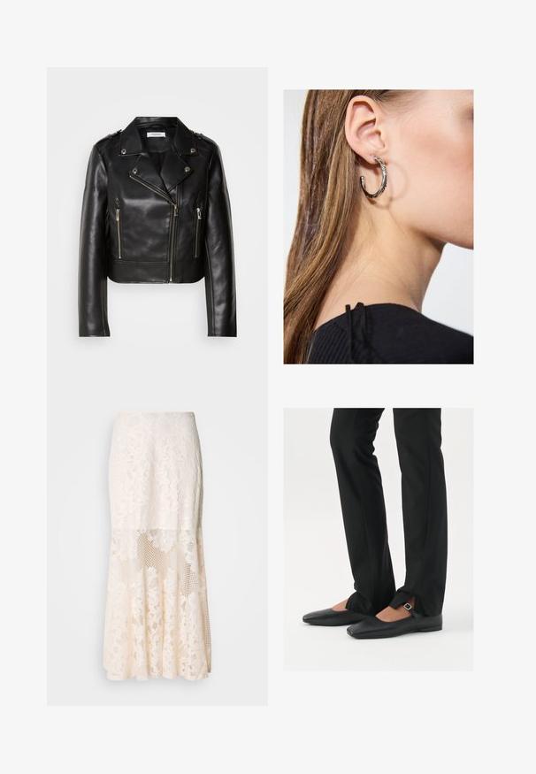 Giacca da motociclista in pelle nera con hardware argentato, chiusura con zip asimmetrica e due tasche anteriori con zip. Presenta ampie rever e dettagli sulle spalle.; Top nero senza maniche realizzato in un tessuto morbido e elasticizzato. Caratterizzato da un collo rotondo e spalline larghe, con una vestibilità aderente e una superficie liscia.; Gonna midi in pizzo floreale color crema; presenta un design a strati con sezioni trasparenti, pizzo testurizzato e un orlo svasato.; Ballerine in pelle nera con punta appuntita, cinturino con fibbia in argento, abbinate a pantaloni neri su misura con orlo a spacco.; Orecchino a cerchio in argento con finitura lucida, caratterizzato da piccoli dettagli in oro e una forma tondeggiante, indossato sul lobo.
