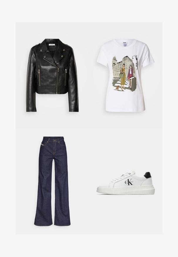 Veste en cuir noir de motard avec garnitures en argent, fermeture zippée asymétrique et deux poches zippées à l'avant. Présente des revers larges et des détails aux épaules.; T-shirt en coton blanc avec une illustration imprimée de deux femmes en styles de mode urbaine, accompagnées d'un chien sur un passage piéton, avec des bâtiments de la ville en arrière-plan.; Jeans ample bleu foncé en denim avec taille haute, ornés de surpiqûres orange, d'un design à cinq poches et d'une fermeture à bouton.; Baskets basses blanches avec un tab de talon noir, semelle plateforme, lacets et logo "CK" de Calvin Klein sur le côté.