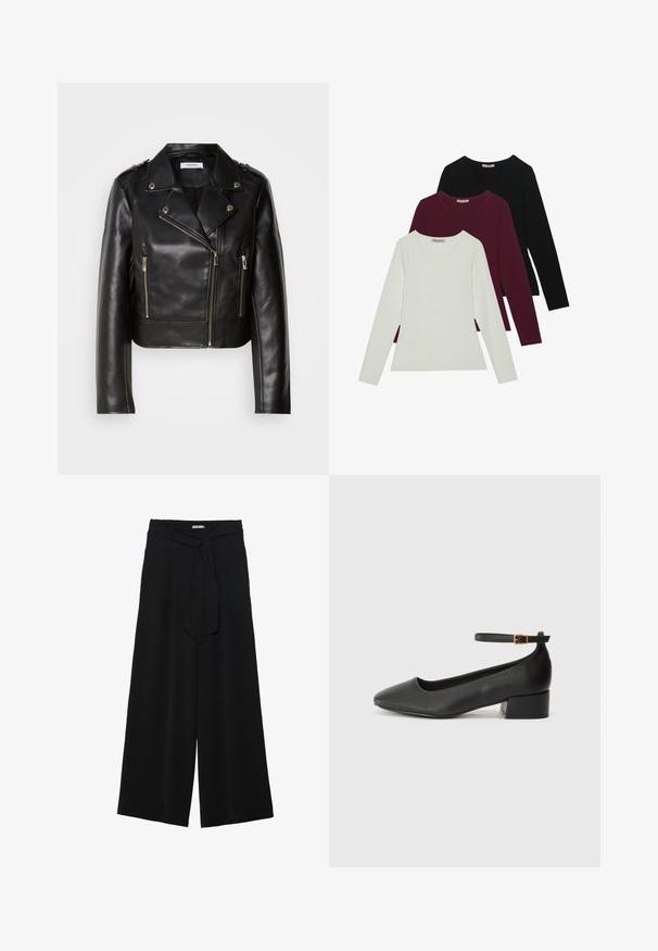 Jaqueta de motociclista em couro preto com acabamentos prateados, fecho de zíper assimétrico e dois bolsos frontais com zíper. Apresenta lapelas largas e detalhes nos ombros.; T-shirts de manga longa nas cores branca, burgundy e preta. Feitos de um tecido suave com decote redondo e design ajustado. Adequados para sobreposições.; Calças largas pretas com um tecido texturizado, uma cintura elástica e um laço destacável na cintura para um ajuste ajustável.; Sandal de pele preta com bico pontiagudo e um salto bloco baixo. Apresenta uma tira no tornozelo com uma fivela em tom dourado. Textura suave.