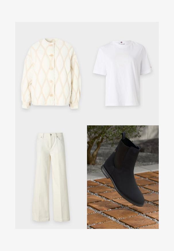 Quilted jacket in off-white with a textured beige diamond pattern. Features a round collar and five button front closure.; White cotton T-shirt with a crew neck, short sleeves, and subtle yellow logo design reading "HILFIGER NEW YORK 1985." Standard fit.; Wide-leg white jeans made from cotton blend fabric. Features a zipper fly, five-pocket design, and stitching along the seams.; Black ankle boot with elastic side panel floating above wooden square tiles with pebbles in outdoor setting.