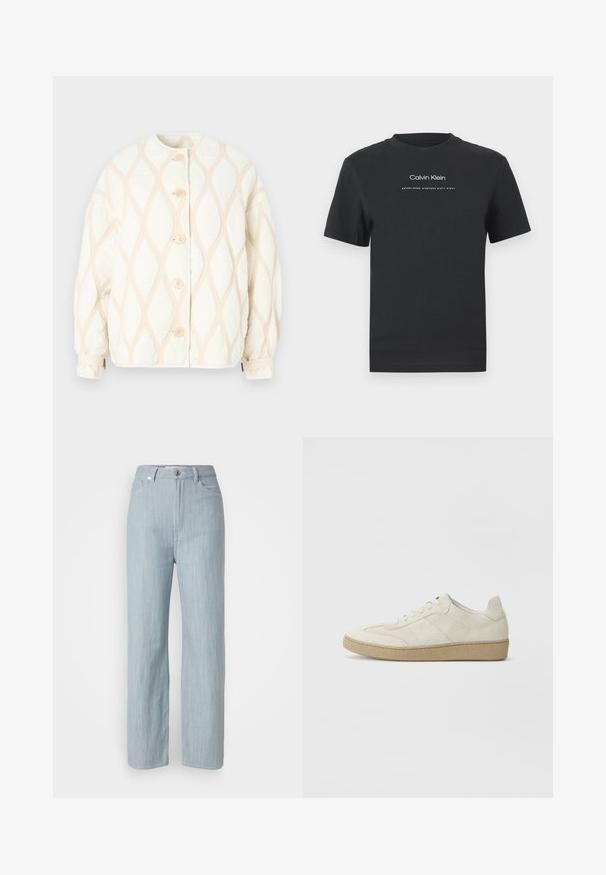 Casaco acolchoado em off-white com um padrão de diamante texturizado em bege. Apresenta um colarinho redondo e fecho frontal com cinco botões.; T-shirt de algodão preto com decote redondo, mangas curtas e logotipo "Calvin Klein" impresso em branco, acompanhado do texto "Established 1968".; Calças de ganga azul-claro de perna reta. Apresentam cinco bolsos, fecho com botão metálico e um leve efeito de desgaste para adicionar textura.; Tênis de camurça bege com um design texturizado, sola de borracha plana e costura lateral distinta. Bico redondo e detalhe em colarinho acolchoado.